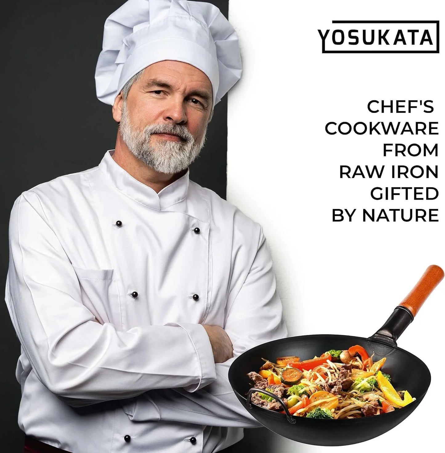 Professional chef in white uniform holding raw iron wok pan with colorful stir-fry vegetables