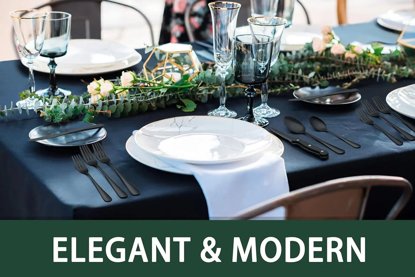 Elegant table setting with 24-piece black stainless steel flatware and steak knives on navy tablecloth