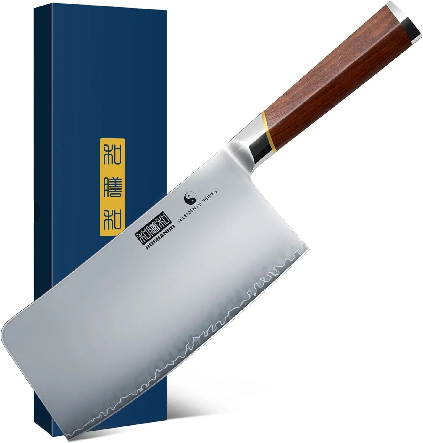 7-inch Japanese meat cleaver with high carbon steel blade and wooden handle, standing next to blue box