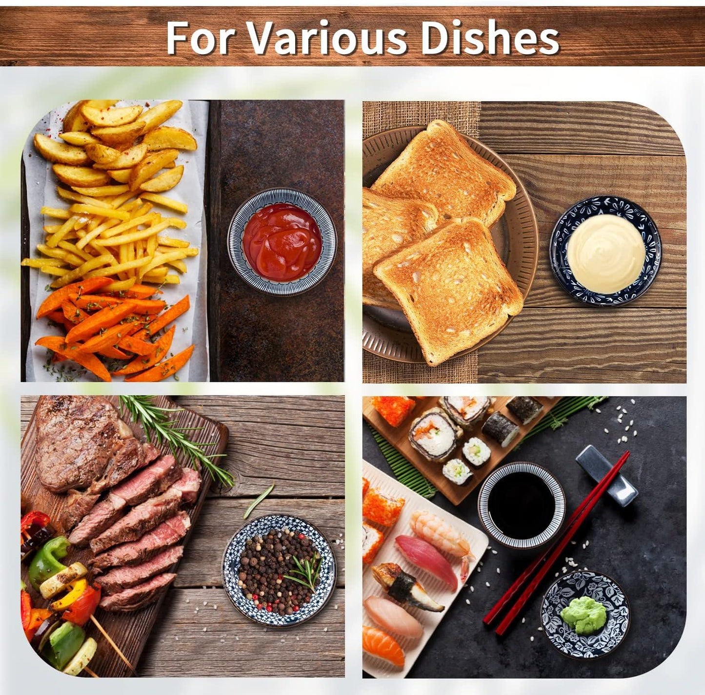 Set of 6 vintage blue ceramic dipping bowls with various dishes including fries, toast, steak, and sushi