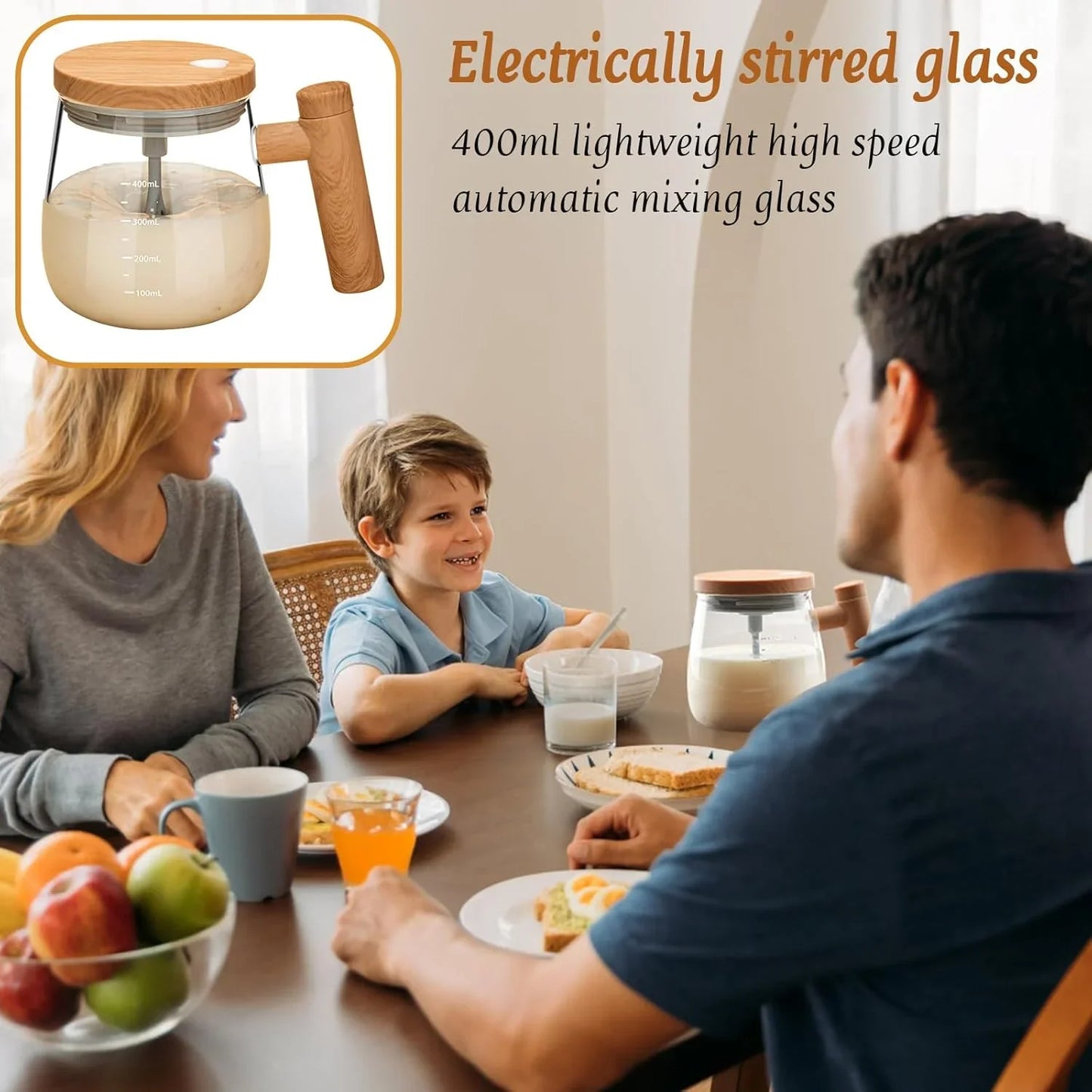 Family sitting at a table with a glass jar labeled 'Electrically stirred glass' in the corner.