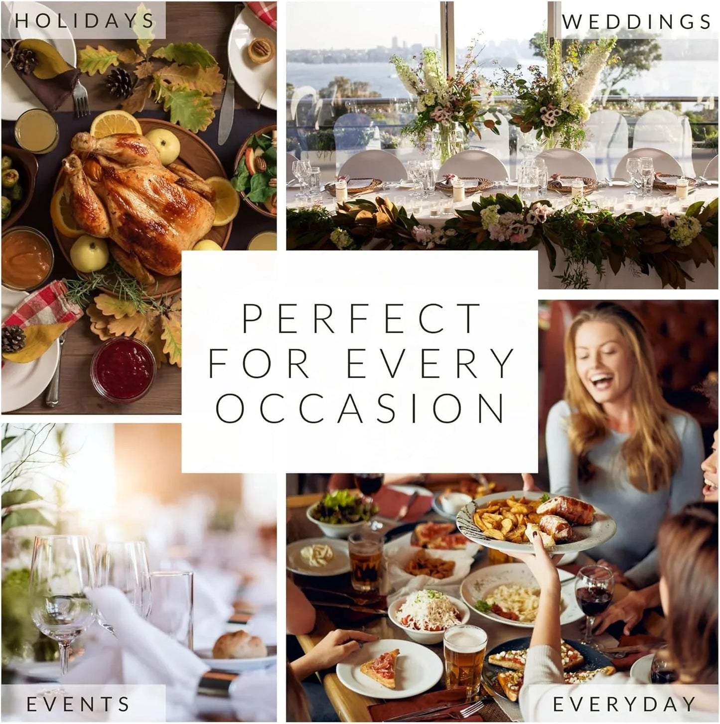 Collage of various dining scenes with text indicating occasions like holidays, weddings, events, and everyday.
