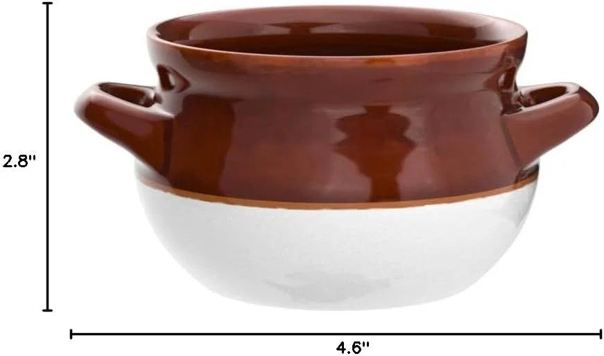 Set of four 16 oz ceramic French onion soup crocks with handles, brown and white