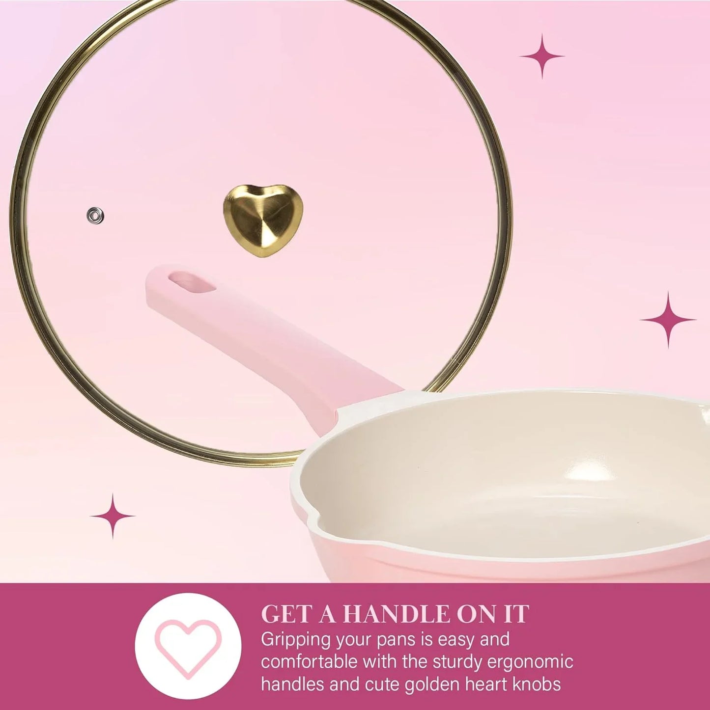 Pink Ceramic Nonstick Cookware Set with Heart Knobs, 10Pc
