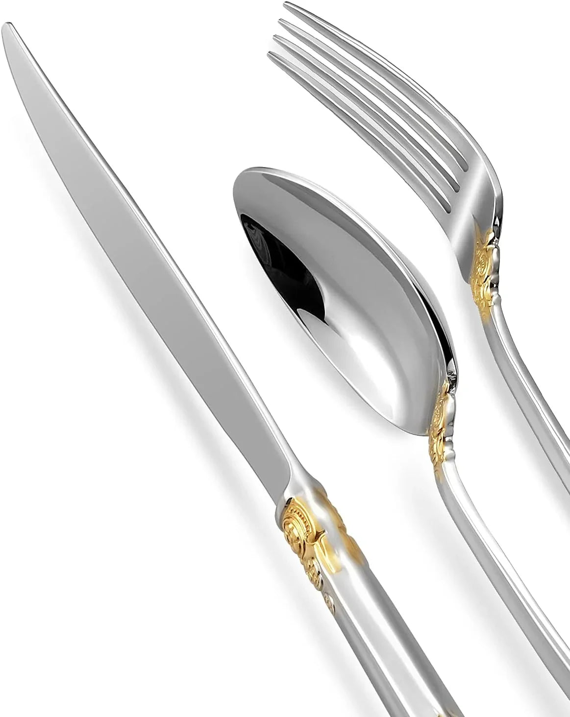 Luxury 18/10 stainless steel flatware set with gold accent detailing on knife, fork, and spoon