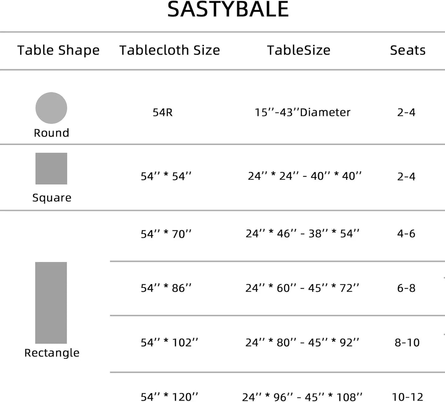 Chart detailing table shapes, tablecloth sizes, table sizes, and seating capacities for SASTYBALE products.