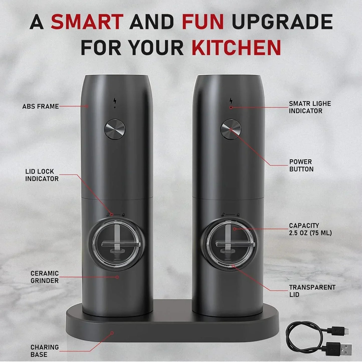 USB Rechargeable Electric Salt & Pepper Grinder Set (2)