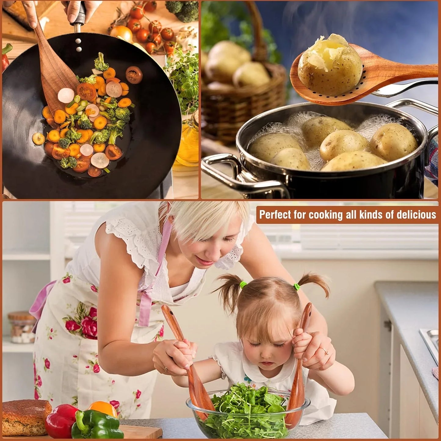 Teak Wooden Kitchen Utensil Set with Holder & Spoon Rest 9 Piece