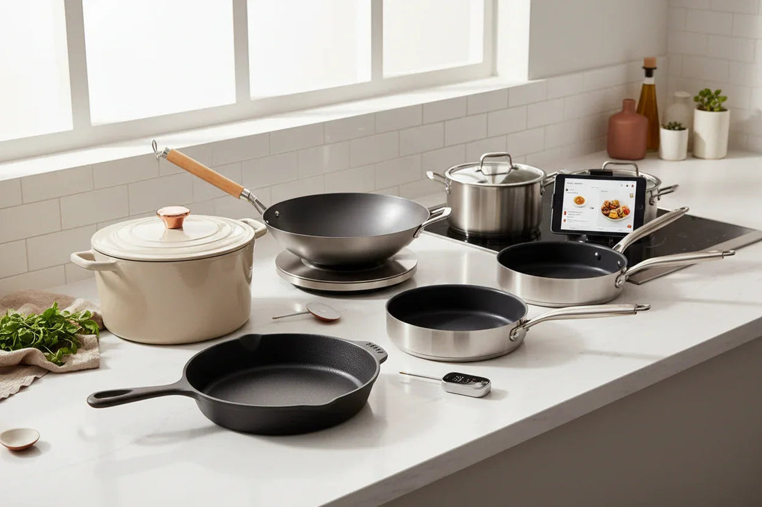 Modern cookware essentials on a stovetop with skillet, dutch oven, and wok