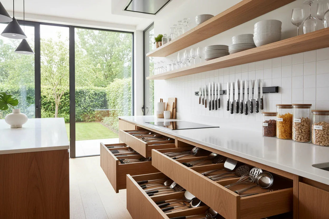 Organized kitchen pantry with labeled containers, spice rack, and drawer organizers