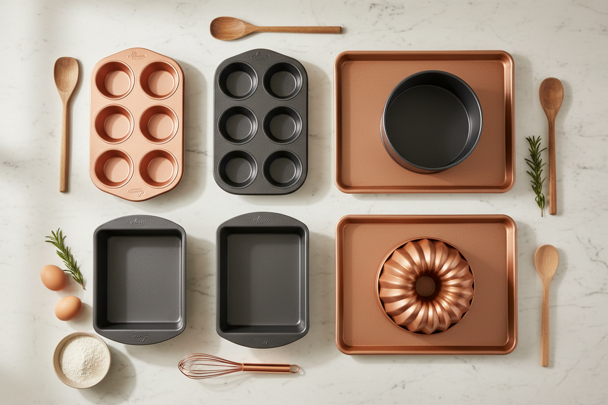 A flat-lay arrangement of non-stick baking pans and wooden utensils on a light marble surface. The set includes copper and dark gray pans, wooden spoons, a whisk, eggs, flour, and rosemary.