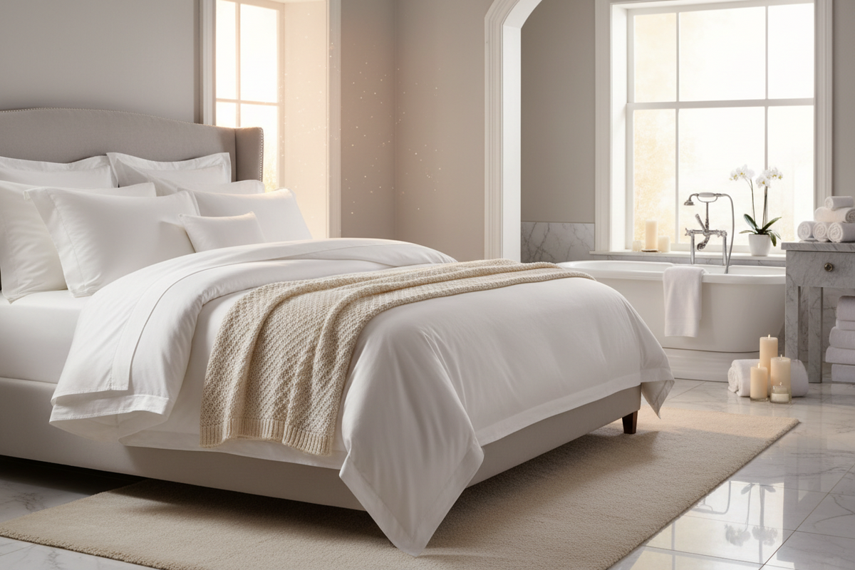 A luxury bedroom scene featuring a neatly made bed with crisp white bedding and a textured cream throw blanket, set in a bright, modern bedroom with a bathtub and large windows.
