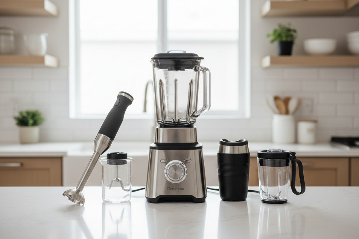 A countertop blender set with a stainless steel and black base, clear pitcher, hand blender attachment, travel tumbler, and small cup, arranged on a white kitchen counter with a blurred kitchen background.