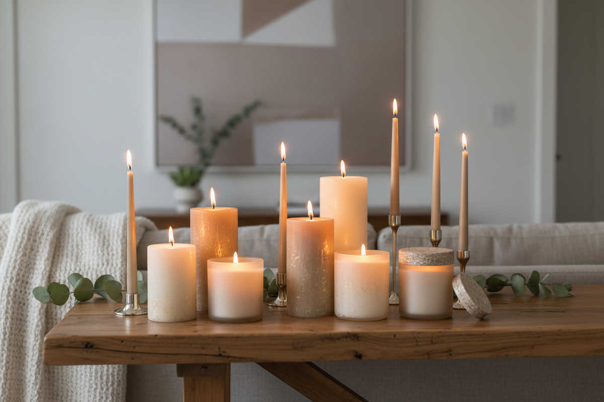 Candles in scented, jar, pillar, taper, and tea light styles for home décor
