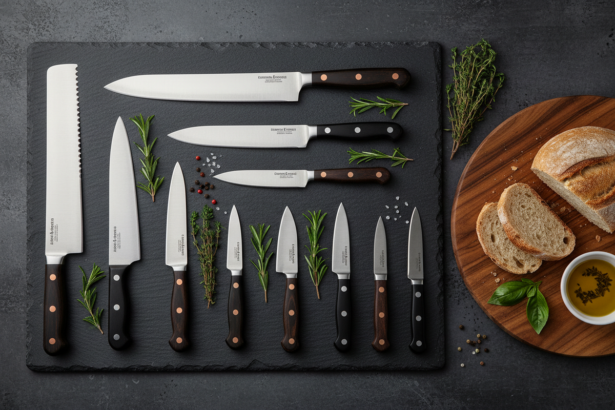 A set of ten kitchen knives with dark wood handles and copper rivets arranged on a black slate board, styled with fresh rosemary, peppercorns, and a wooden board with sliced bread and a small bowl of oil on a dark gray background.