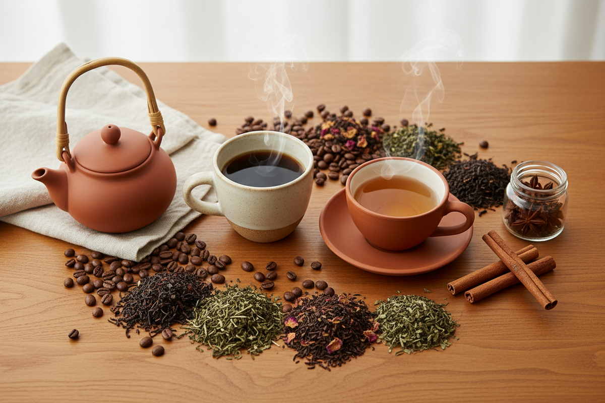A styled tabletop scene with a terracotta teapot, two steaming cups of tea, loose coffee beans, loose leaf tea piles, cinnamon sticks, and a small jar on a wooden surface.
