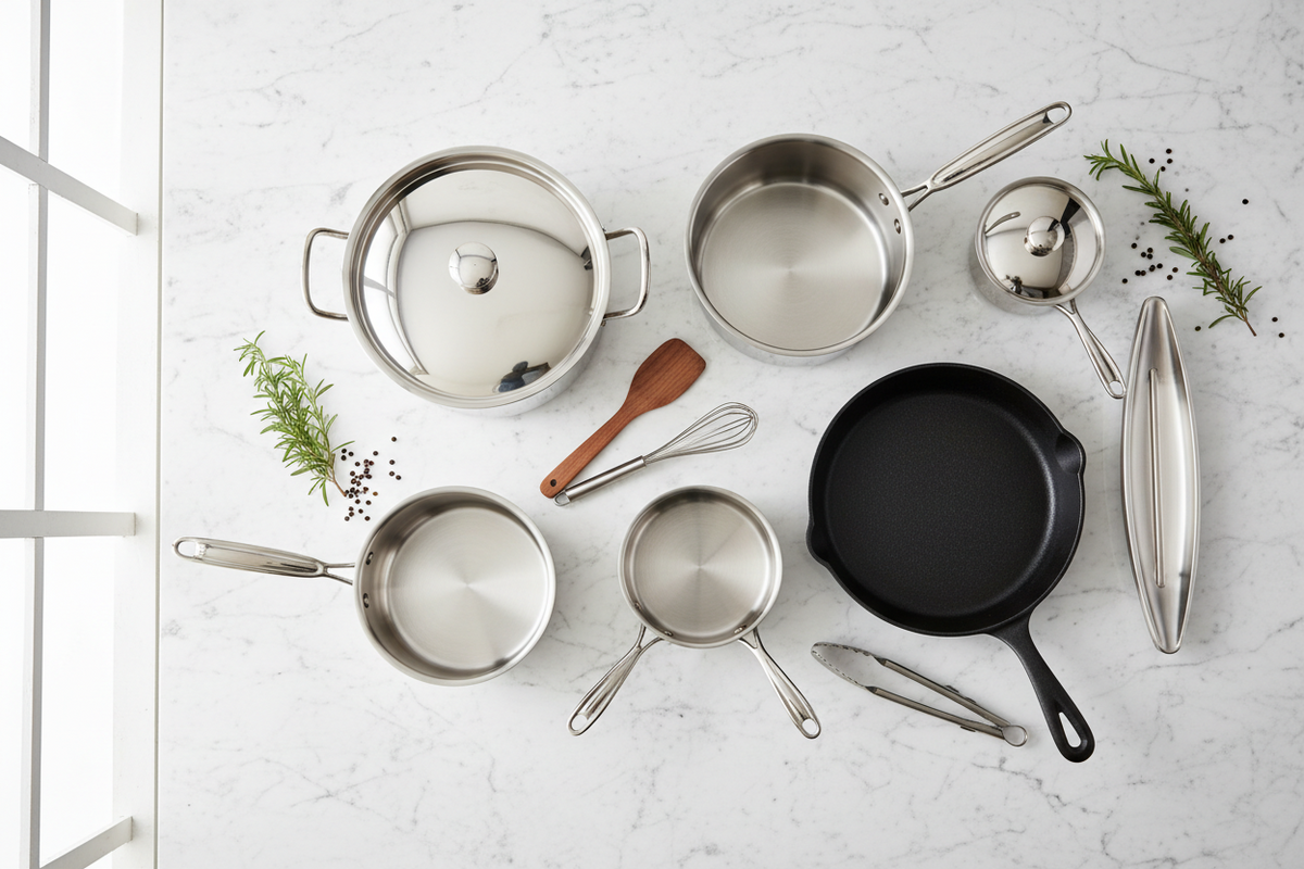 A flat-lay arrangement of stainless steel and black cookware on a white marble surface, including pots, pans, a skillet, tongs, a whisk, a wooden spoon, and lids, with rosemary and peppercorns as styling props.