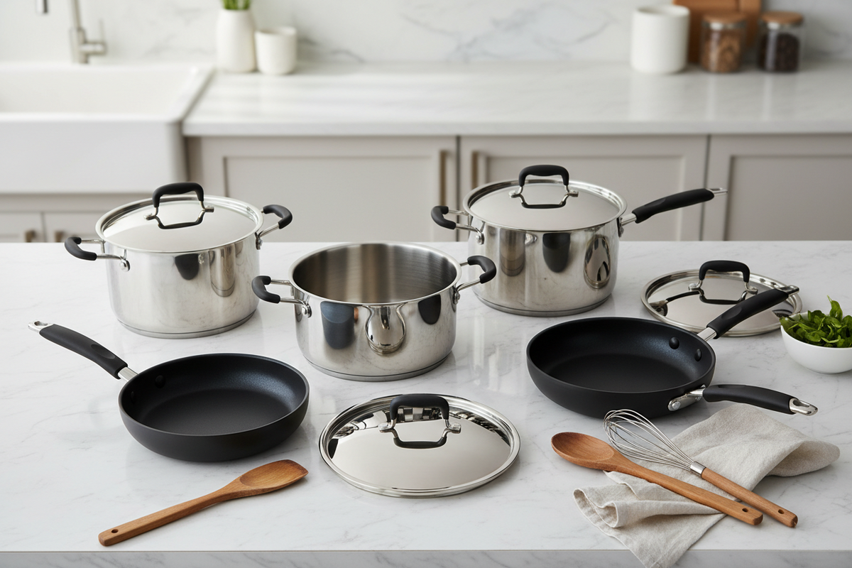 A stainless steel and black nonstick cookware set arranged on a white marble kitchen countertop, including pots with lids, two frying pans, a lid, wooden spoons, and a whisk.