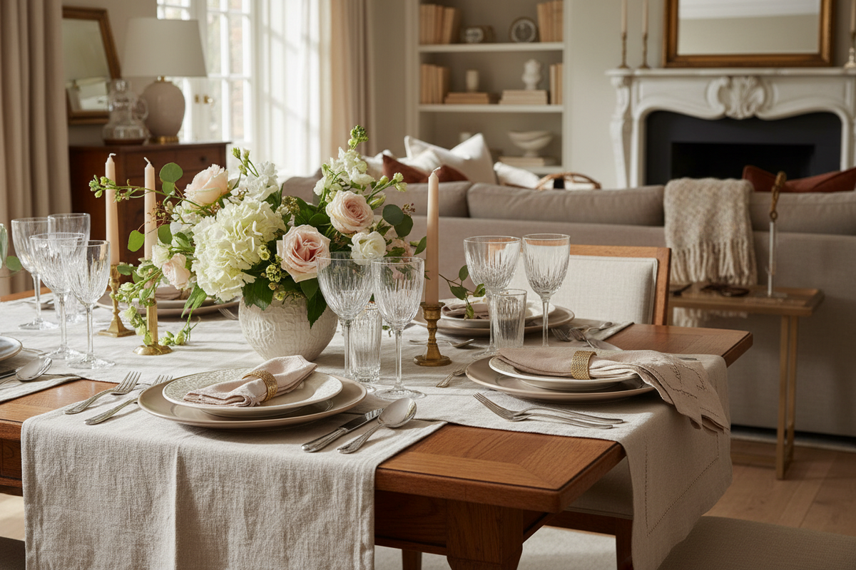 A beautifully styled dining table set in a warm, elegant living room. The table is covered with a cream linen table runner and set with white and blush pink floral arrangements, clear glassware, silver cutlery, and folded beige napkins on white plates.