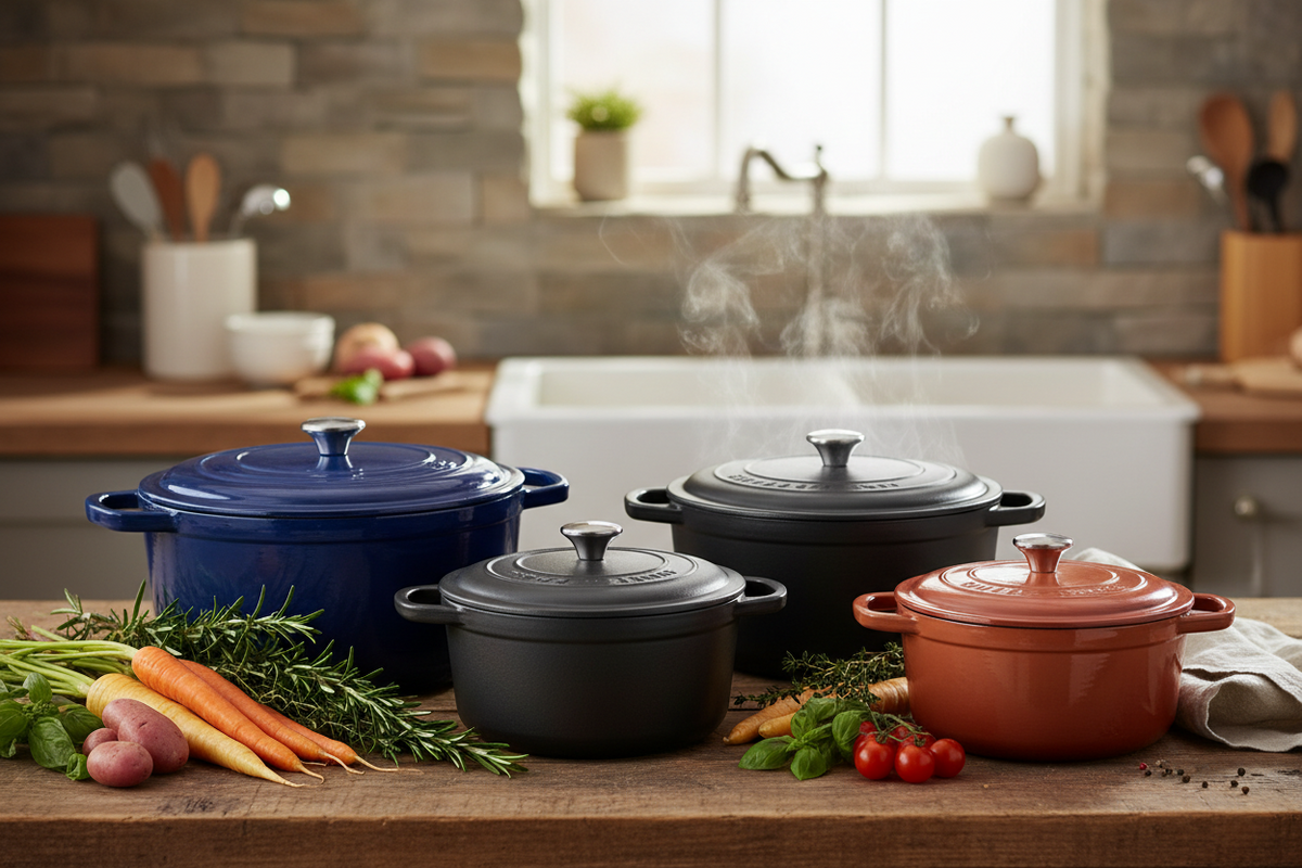 Four enameled cast iron Dutch ovens in blue, black, and terracotta orange are arranged on a wooden table in a rustic kitchen setting, with fresh vegetables and steaming lids creating an appetizing scene.