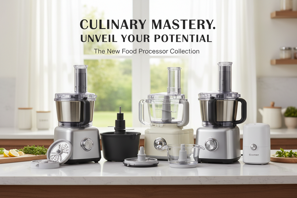 Three countertop food processors in silver, cream, and white are displayed on a kitchen counter with various attachments and a bowl. Large text at the top reads, 'CULINARY MASTERY.
