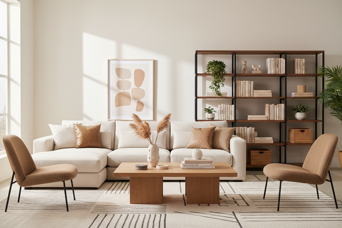A styled living room scene with a cream sectional sofa, two tan accent chairs, a wooden coffee table, a patterned rug, and a tall black shelving unit filled with books and plants against a warm beige wall.