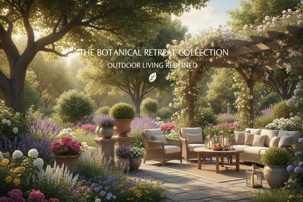 A beautifully styled outdoor patio garden scene with a seating area under a pergola, surrounded by lush green trees, colorful flower beds, and potted plants.