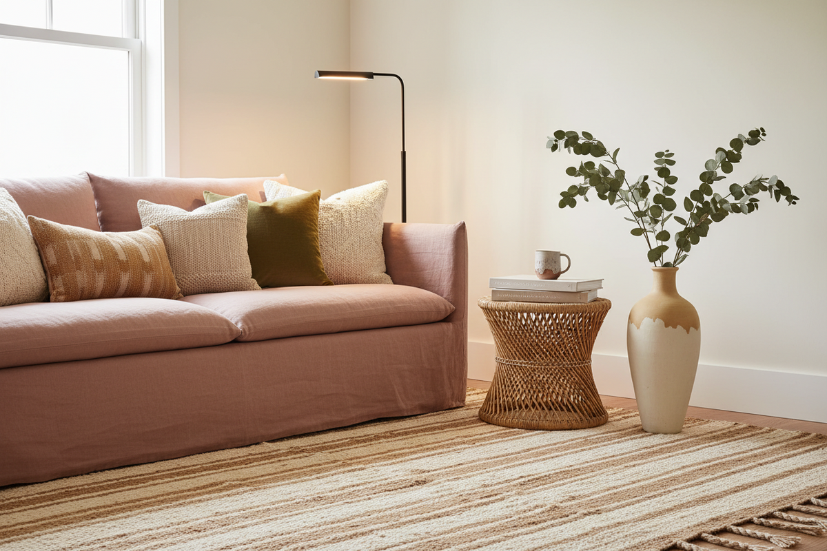 A styled living room corner featuring a dusty pink slipcovered sofa with multiple textured throw pillows, a black floor lamp,