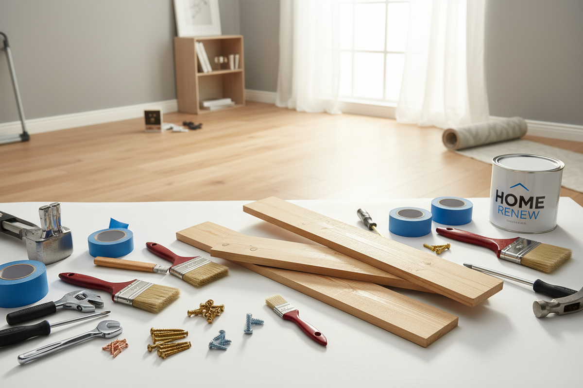 A collection of home improvement tools and supplies arranged on a white table in a room setting, including paintbrushes, blue painter's tape, a can labeled 'HOME RENEW', wood boards, screws, a hammer, and a drill. 