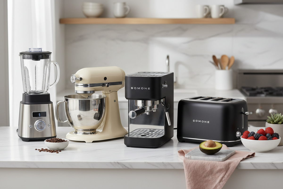 A countertop kitchen scene showing four countertop appliances: a silver and black blender, a cream stand mixer, a black espresso machine, and a black toaster.