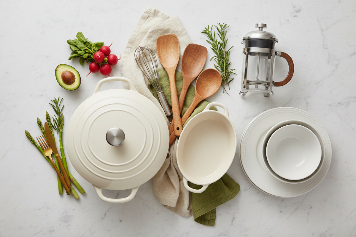 A styled flat-lay of a cream-colored ceramic cookware set on a white marble surface, surrounded by food and kitchen