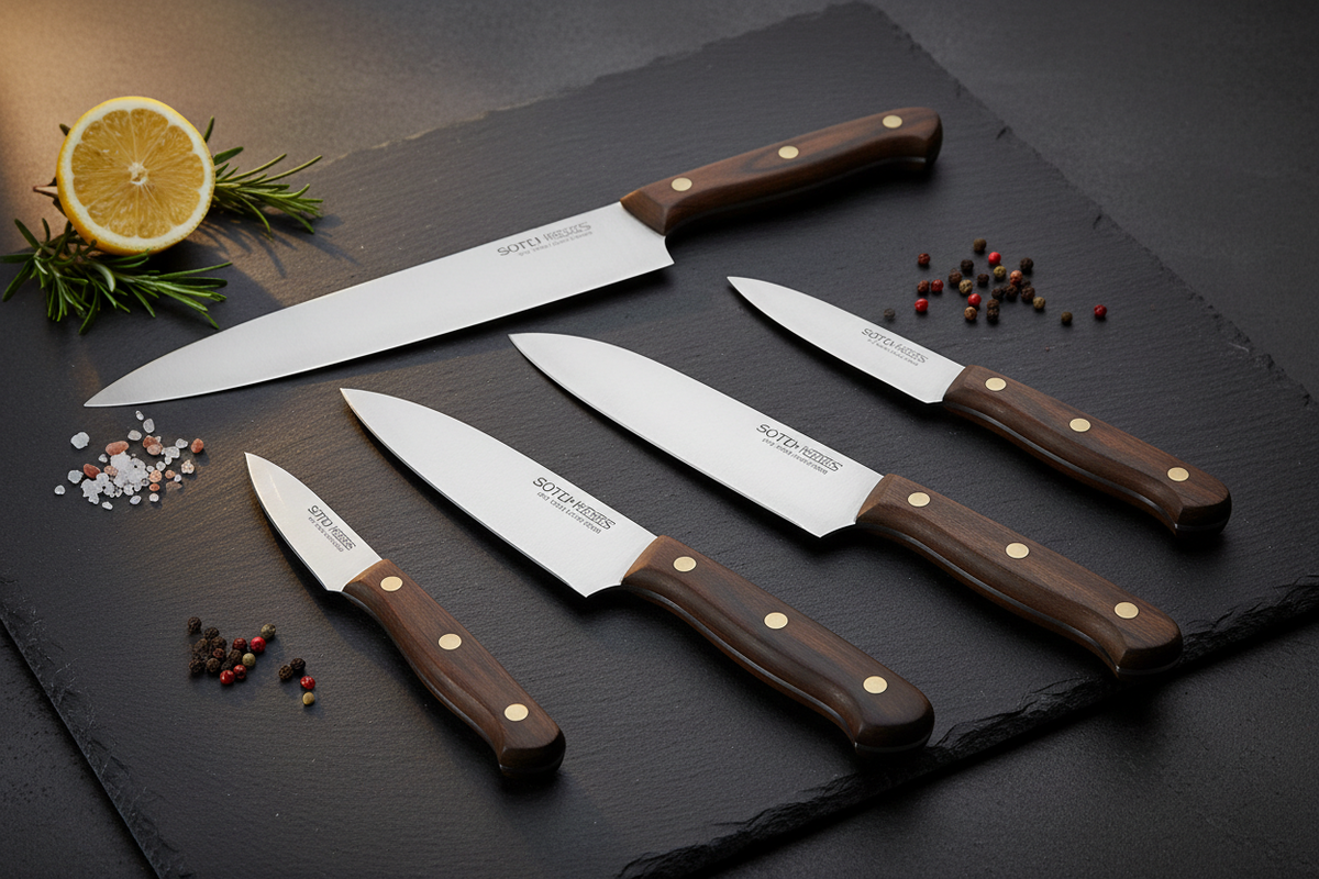 A 5-piece kitchen knife set with stainless steel blades and dark brown wooden handles, arranged on a dark slate serving board with a lemon slice, rosemary, and peppercorns. The brand 'Mikro Tools' is visible on the blades.