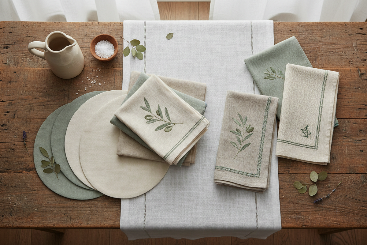 A styled tabletop arrangement of folded linen table linens on a rustic wooden table