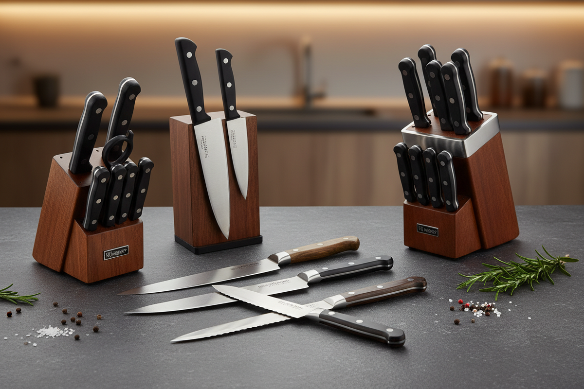 A premium kitchen knife set displayed on a dark countertop with a blurred kitchen background. The set includes multiple knives in wooden block stands, with a few knives laid out in front.