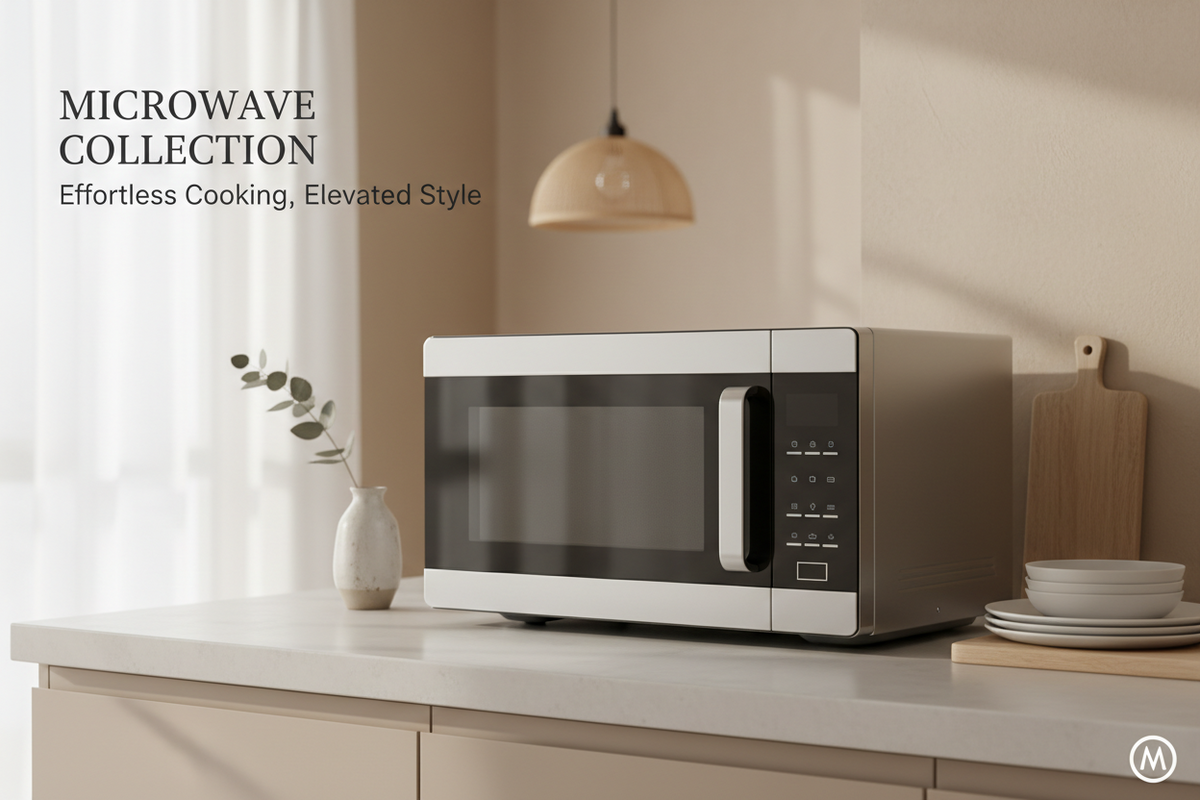 A modern microwave oven sits on a light countertop in a warm, minimalist kitchen setting. The microwave has a silver and black exterior with a glass door and a vertical handle.