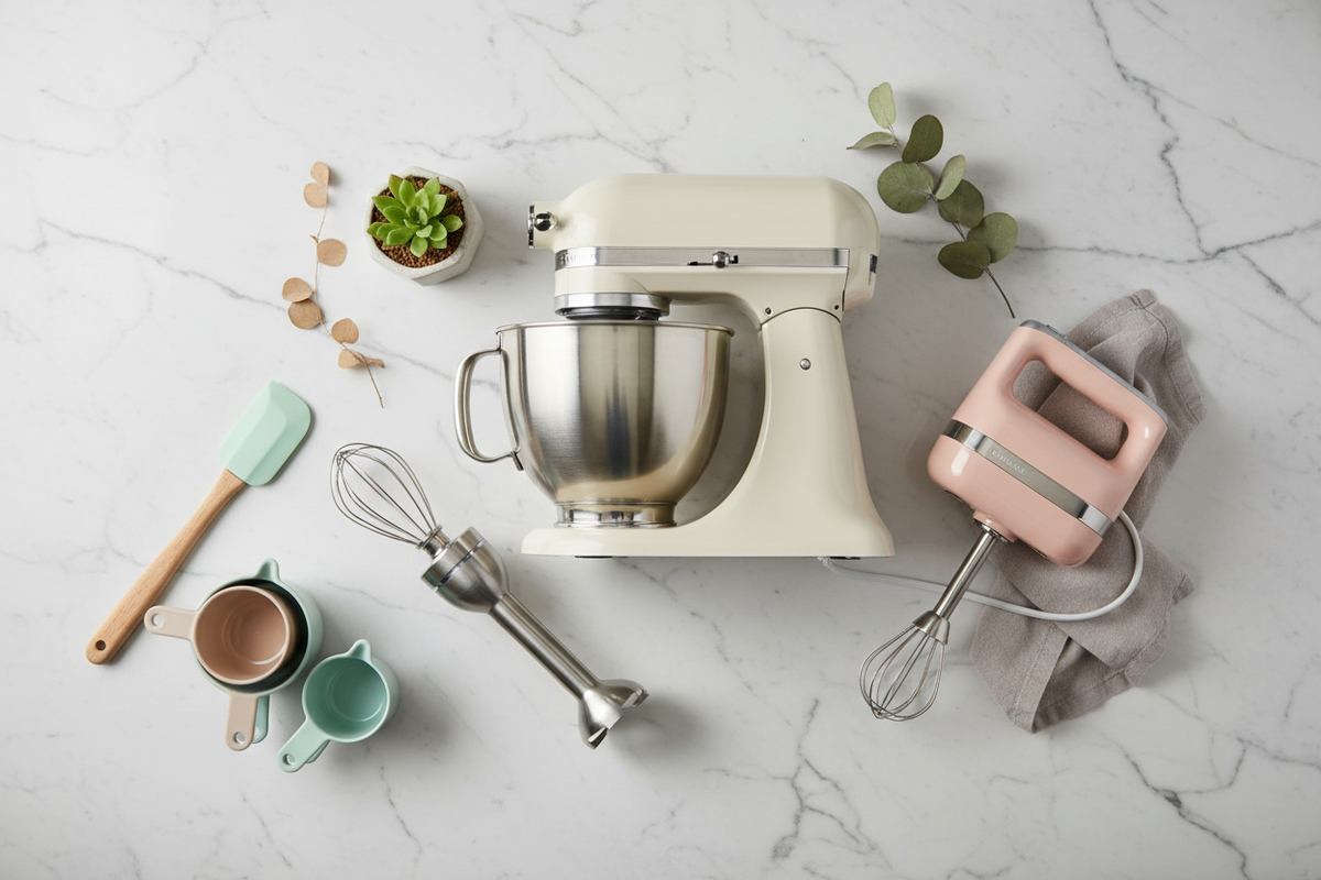 A cream-colored stand mixer with a stainless steel bowl is arranged on a white marble surface alongside a pink hand mixer, a metal immersion blender, measuring cups, a spatula, and a small potted succulent.