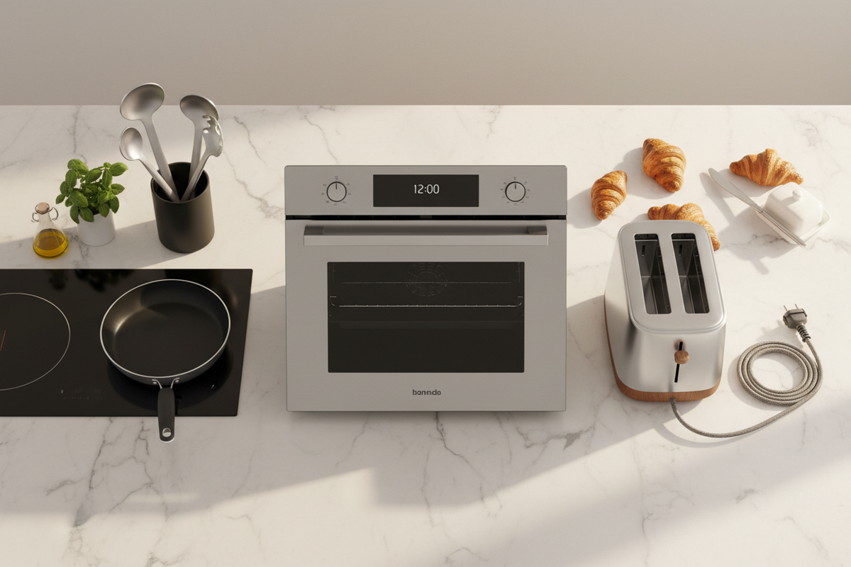 A modern built-in oven with a stainless steel front and black glass door, shown in a styled kitchen scene on a white marble countertop. Surrounding props include a black induction cooktop with a pan, utensils, a small plant, croissants