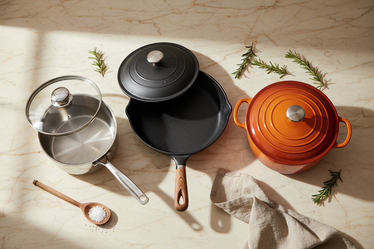 Three cookware pieces arranged on a beige marble surface with natural shadows: a stainless steel saucepan with glass lid, a black skillet with lid, and an orange enameled pot with lid. A wooden spoon with salt