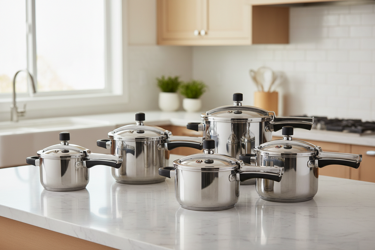 A set of five stainless steel cookware pots and pressure cookers in various sizes, arranged on a white marble kitchen countertop with a blurred modern kitchen background.