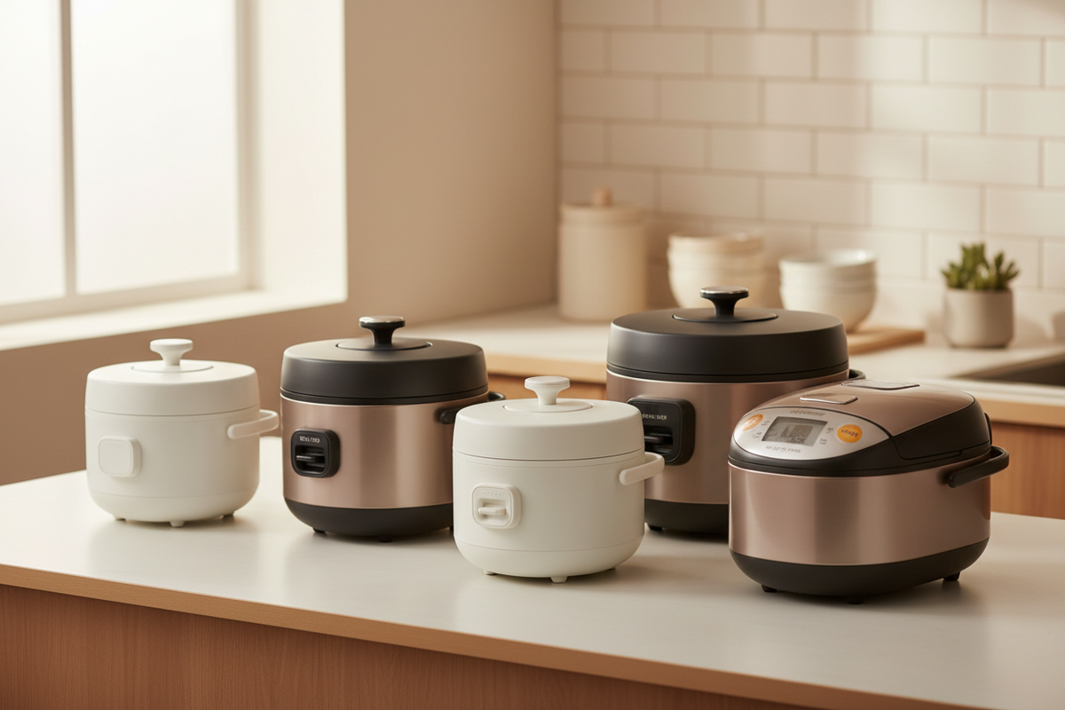 Five electric rice cookers in white and rose gold are lined up on a light wood kitchen countertop with a white subway tile backsplash in the background.