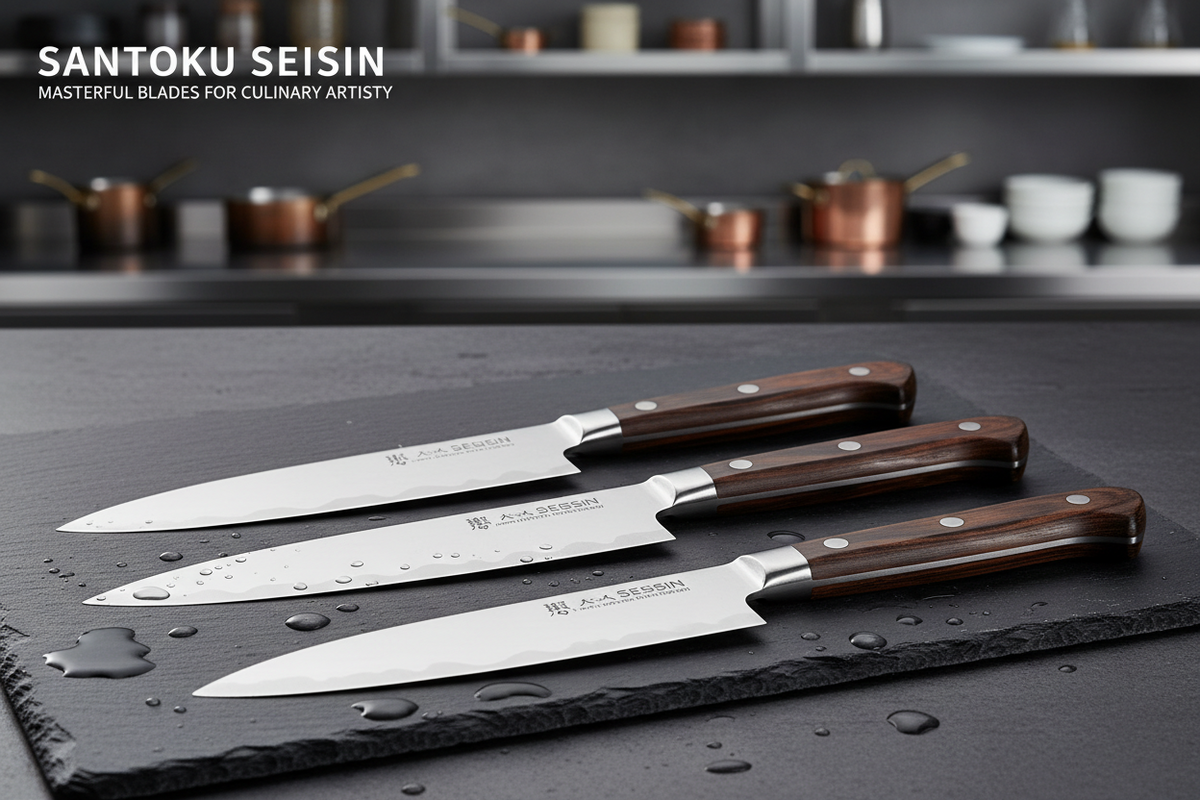 Four Santoku Seisin kitchen knives with dark wood handles and silver stainless steel blades, arranged diagonally on a dark slate board with water droplets, set against a blurred modern kitchen background.