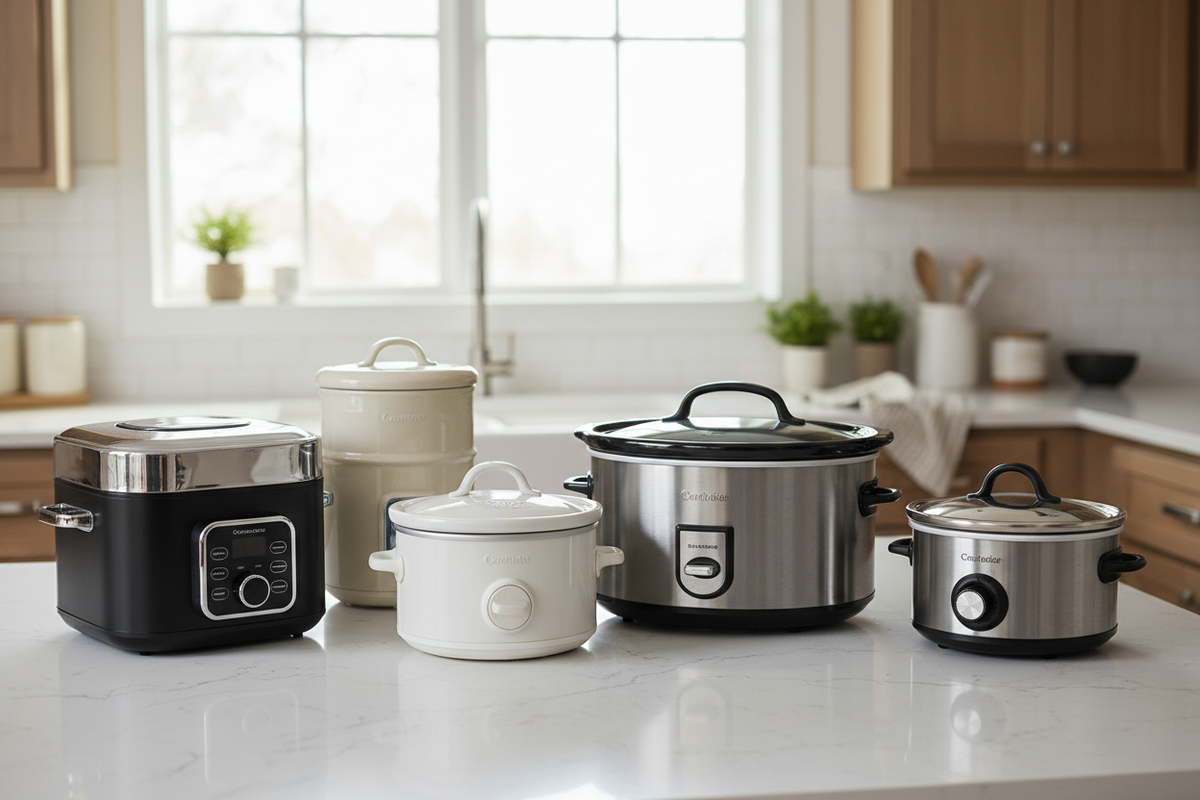 Five slow cookers and a rice cooker in assorted black, white, and stainless steel finishes arranged on a white kitchen countertop with a blurred kitchen background.