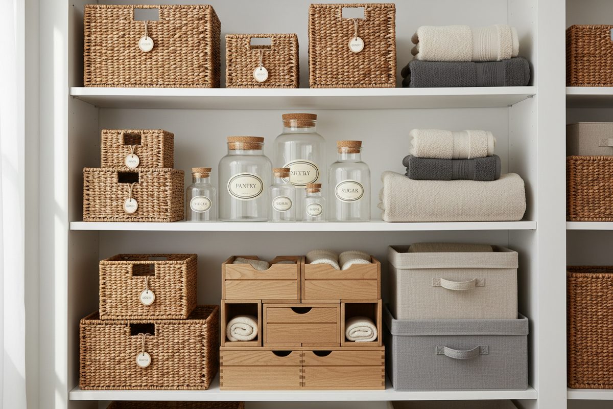 Organized white shelving unit filled with woven storage baskets, clear glass jars with wood lids, fabric storage boxes, and folded towels in neutral beige, gray, and white tones.