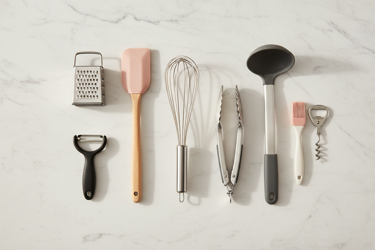 A set of kitchen utensils arranged neatly on a white marble surface, including a metal grater, pink silicone spatula with a wooden handle