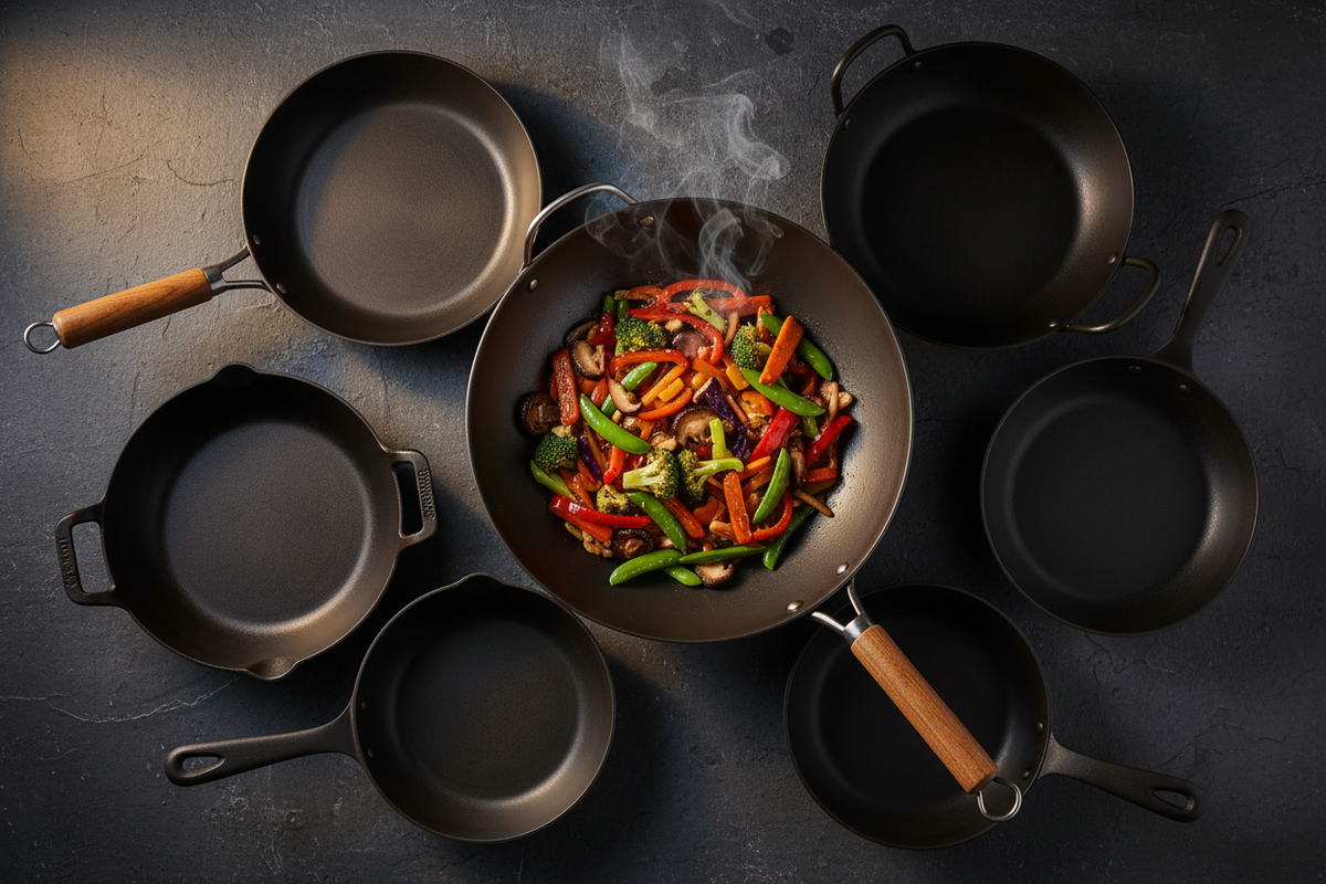 An overhead flat-lay of multiple black cast-iron skillets and a wok arranged on a dark textured surface, with a colorful stir-fry dish in the center wok and steam rising. The handles are wood-toned on some pieces.