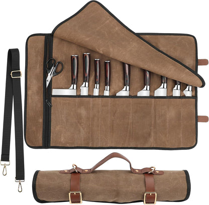 Knife Roll with Leather Straps and Metal Buckles, Double Layer Waxed Canvas Knife Bag, Large Chef Knife Bag with Handle and Shoulder Strap1
