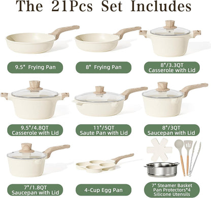 Kitchen Cookware Sets Pots and Pans Set Non Stick 21 Pcs | Granite Induction Cookware with Steamer Basket Nonstick Cooking Pot and Pan Set 4-Cup Egg Pan Set PFOS PFOA Free Cream White2