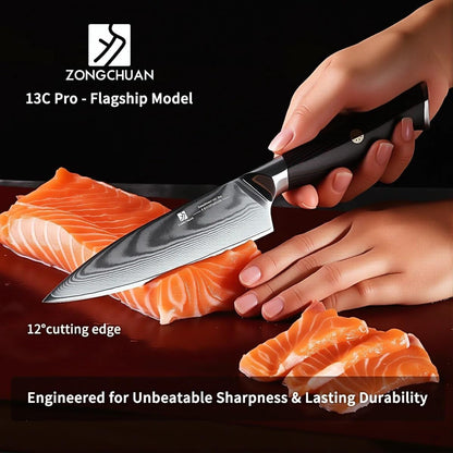 5.5-Inch Damascus Utility Knife, 67-Layer High Carbon Stainless Steel Kitchen Knife with Ergonomic Red Black G10 Handle, Protective Sheath & Gift Box for Paring, Slicing and Everyday Cooking3