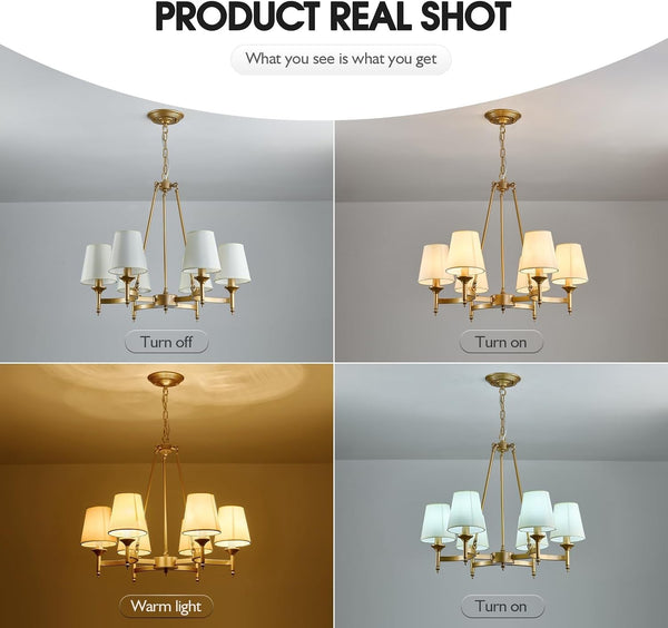 Gold Wagon Wheel Chandelier with White Linen Shade 6-Light Industrial Ceiling Light Fixture 26.8Inch Large Farmhouse Hanging Pendant Light for Dining Living Room Kitchen Bedroom Entryway Foyer4