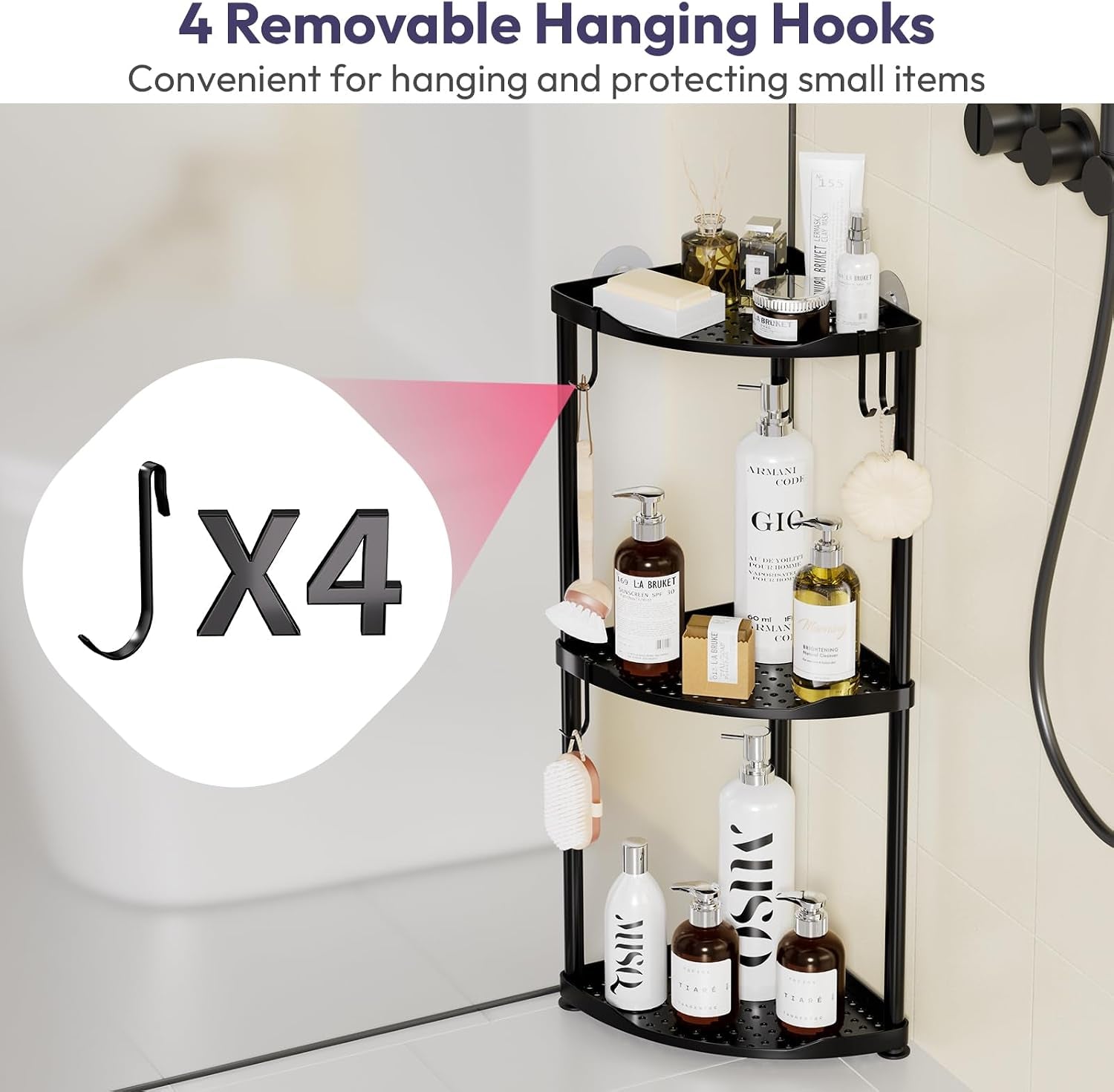 corner-shower-caddy-standing-3-tier-stainless-steel-shower-organizer-stand-large-capacity-floor-shelf-with-4-hooks-rustproof-bathroom-storage-rack-black